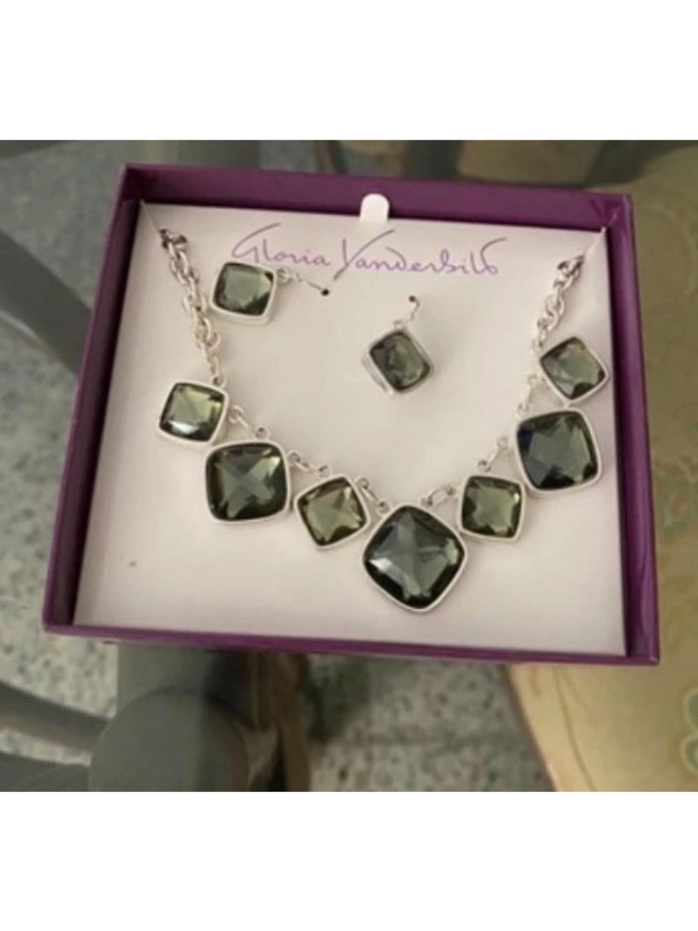 Gloria Vanderbilt Silver-Tone Necklace with Olive Green Square Crystals